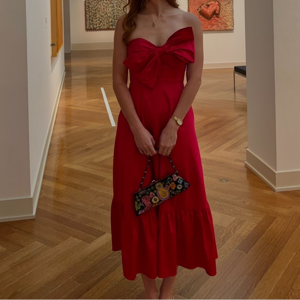 Anthropologie Hot Pink Strapless Bow Midi Dress with Ruffle Hem